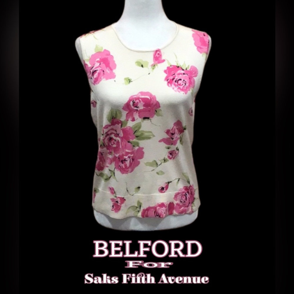 BELFORD for Saks Fifth Avenue, 80% Silk Shell, Pink Floral, Cream, Size Large